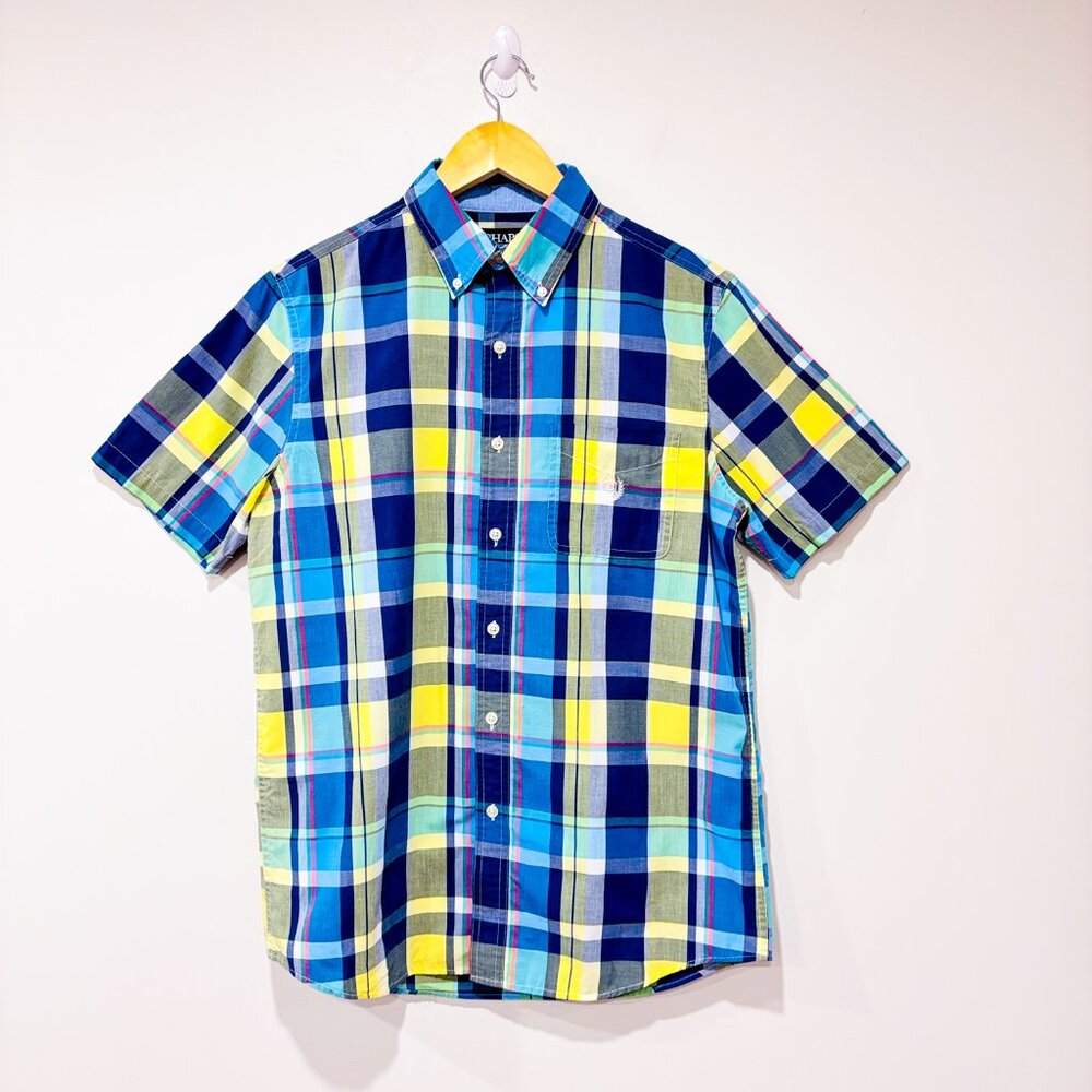 CHAPS Blue and yellow plaid short-sleeve shirt | Colorful casual | Small